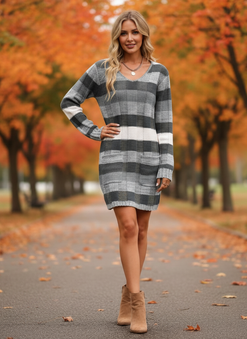 Robe Courte à Carreaux en Maille pour Femme