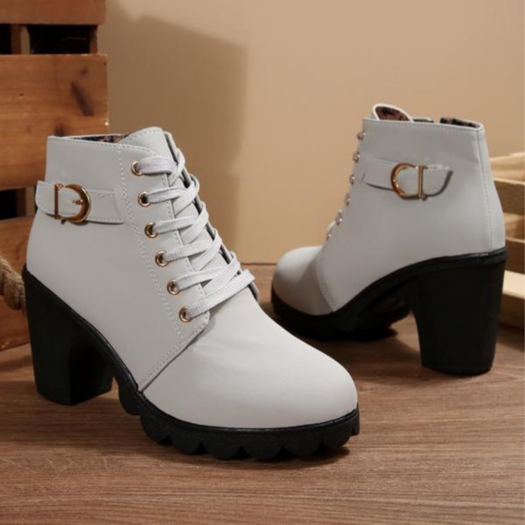 Women's gray chunky lace-up ankle boots with zipper closure and metal buckle, PU upper