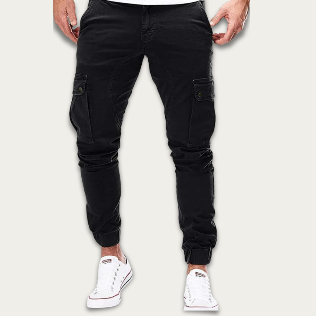 Men's slim-fit cotton cargo trousers in casual wear setting, available in multiple colors