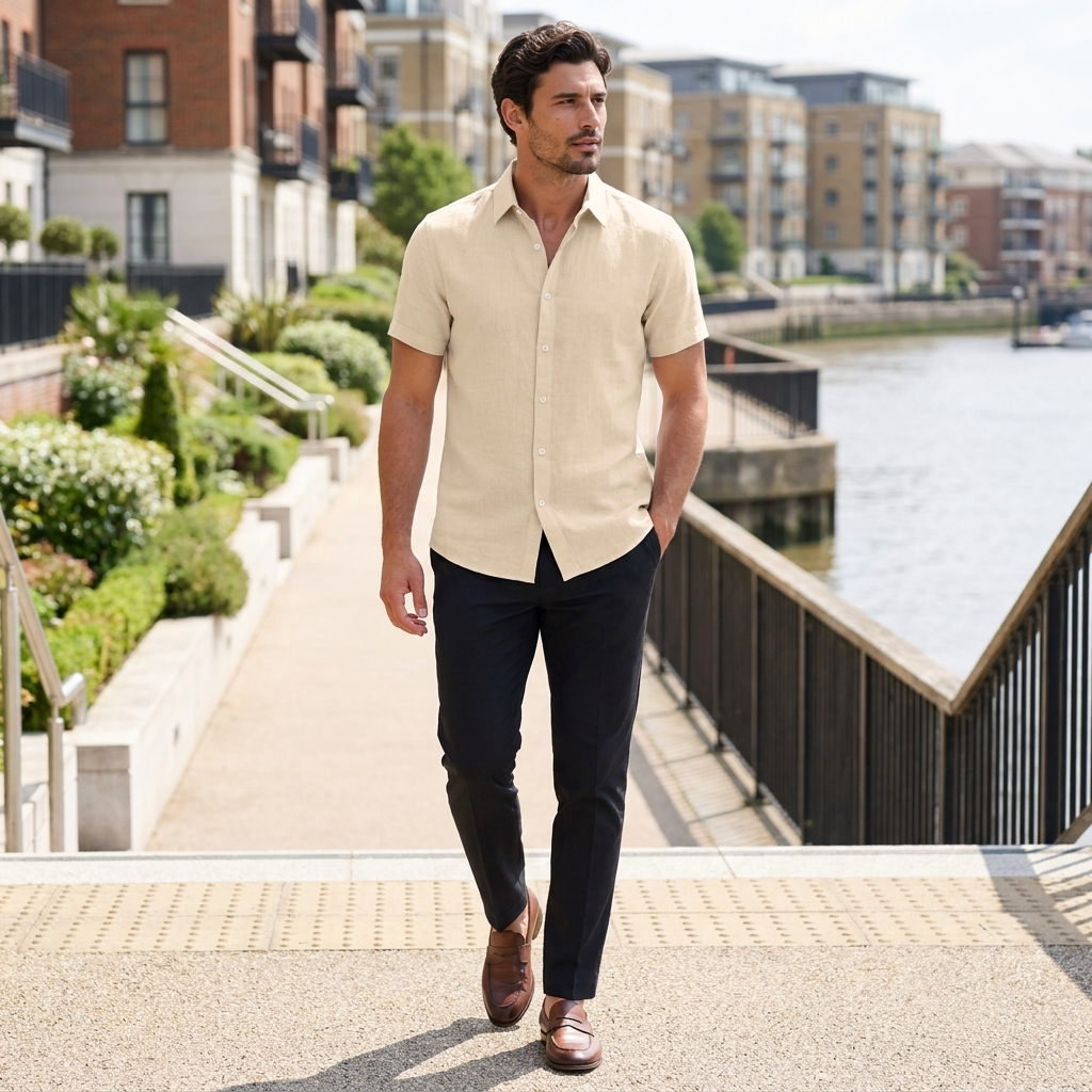 Men's button front shirt with short sleeve design