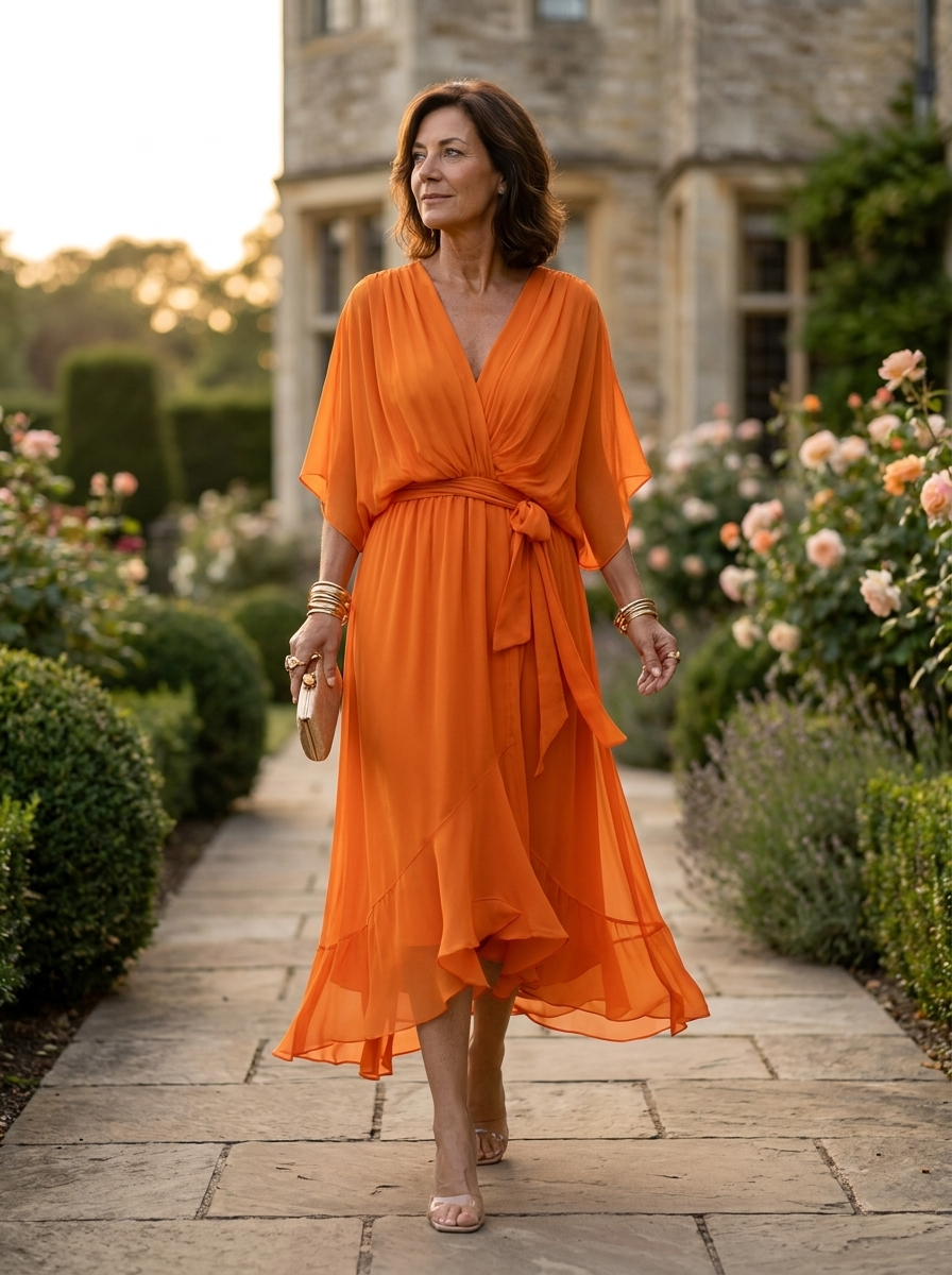 Women's orange V-neck chiffon midi dress with long sleeves and sash closure
