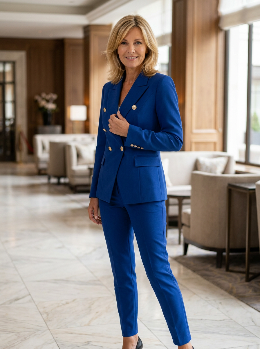 Women's two-piece blazer and straight leg trouser set for workwear
