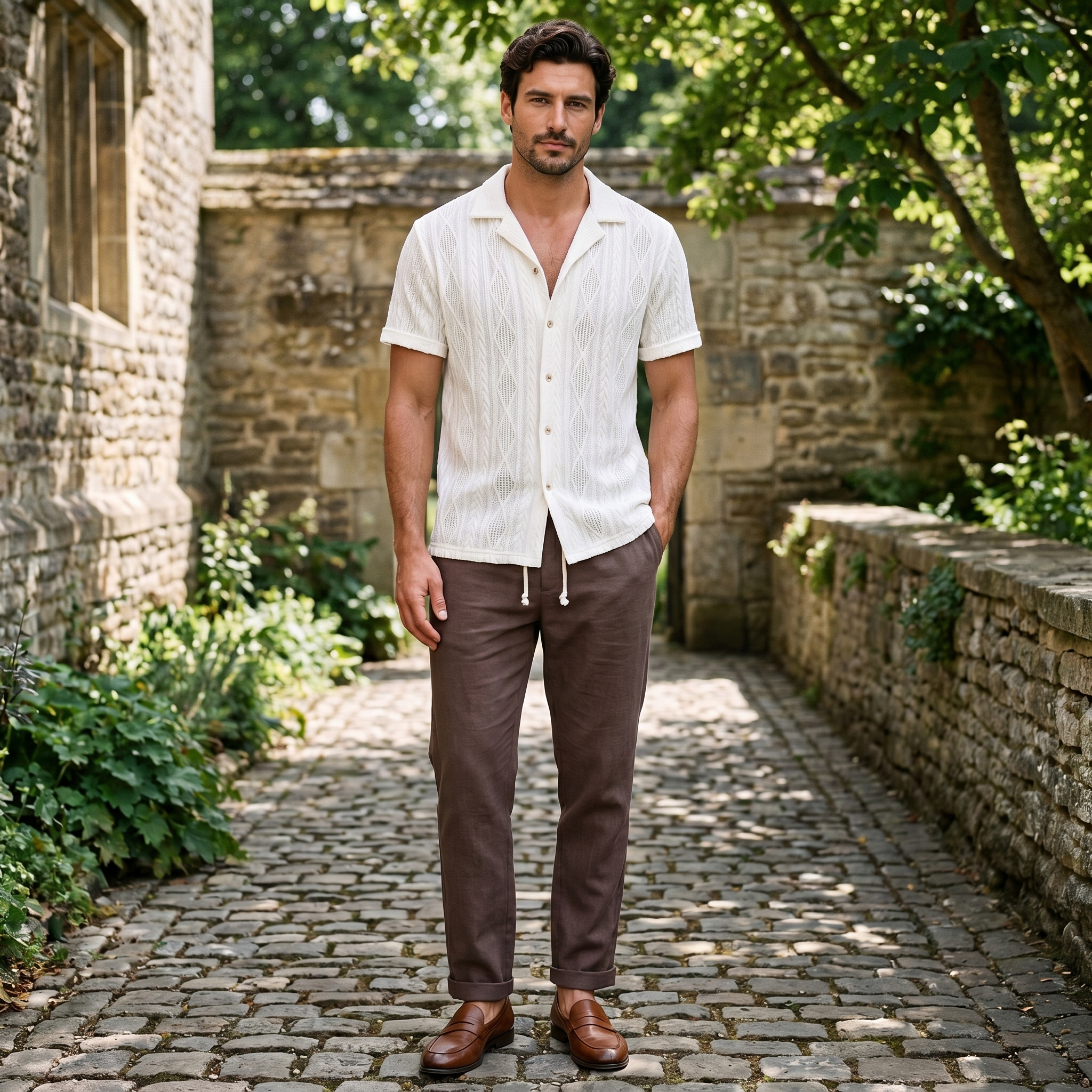 Men's off-white two-piece matching set with wide-leg trousers and long sleeve textured button shirt
