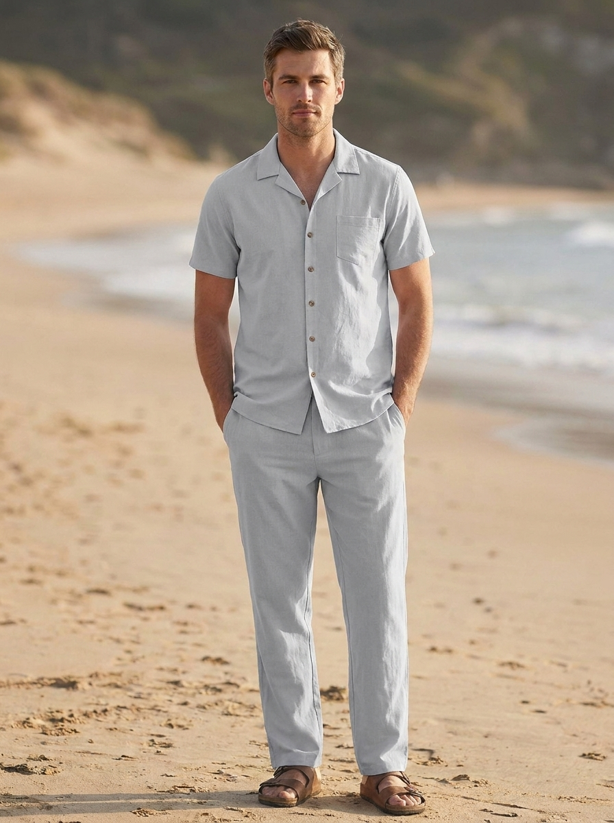 Casual summer outfit combining a button-up shirt with comfortable trousers