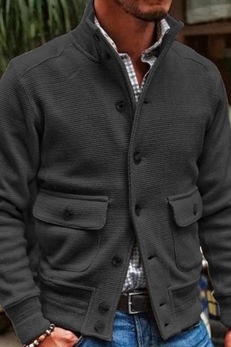 Knit jacket with full-button front and casual silhouette for men