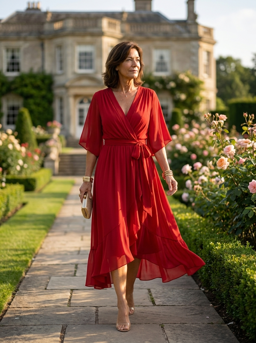 Women's red V-neck chiffon midi dress with long sleeves and sash closure