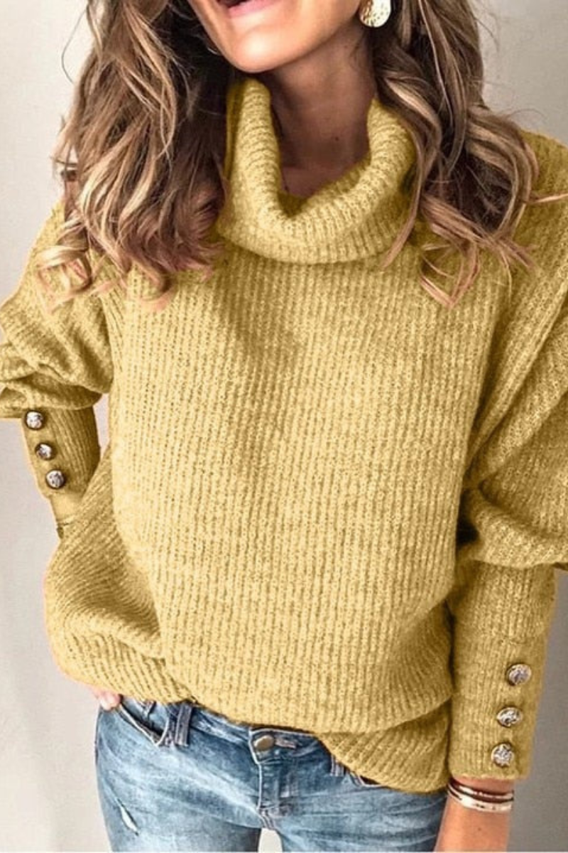 long sleeve sweater with high neck and modern cut side angle