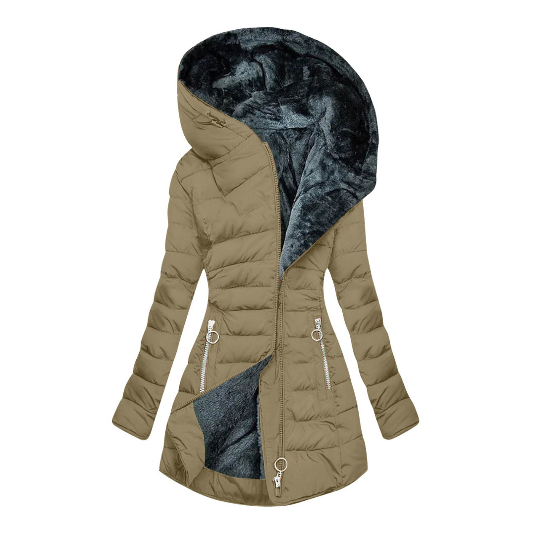 Padded winter coat with faux fur hood lining, angled zip front, long length, women’s outerwear