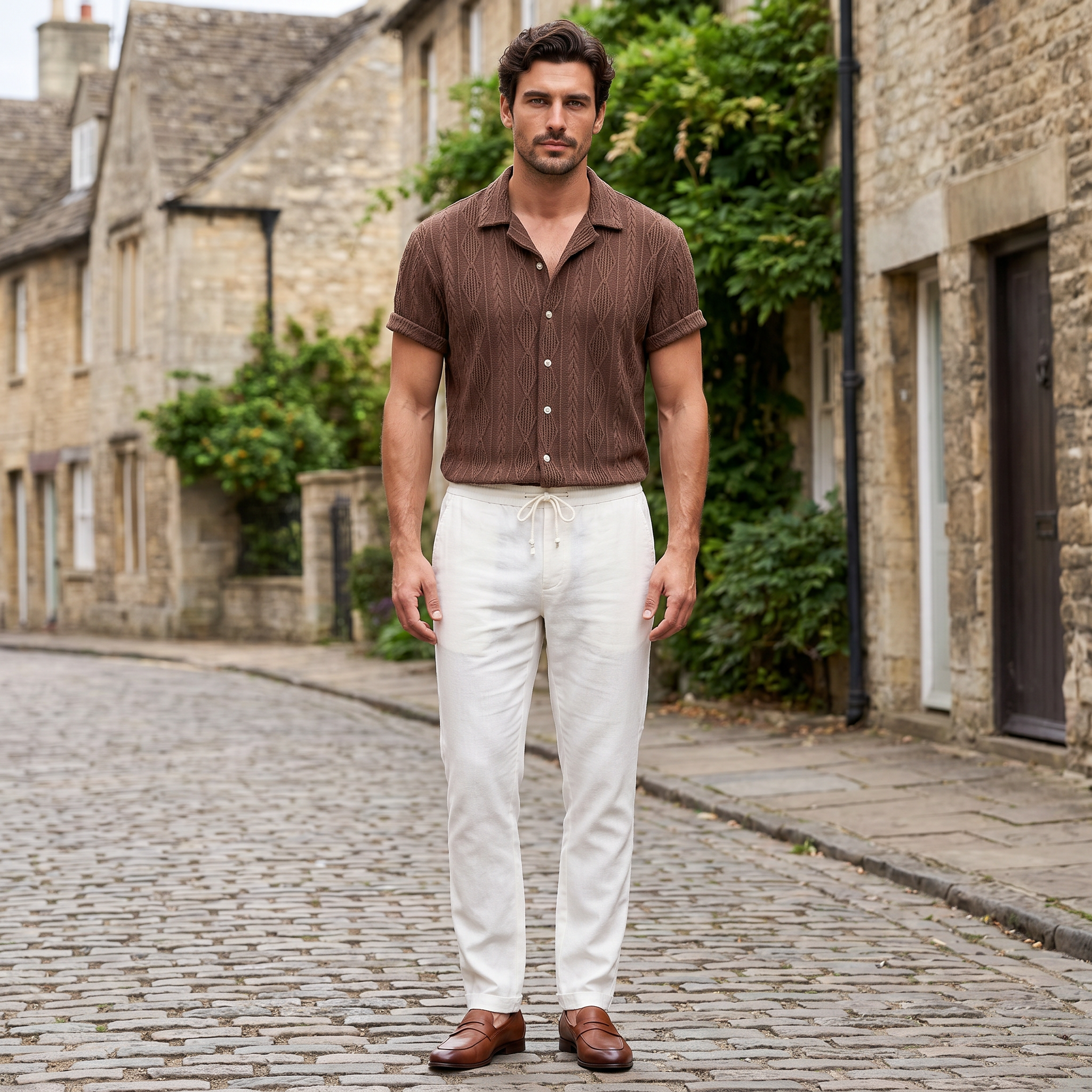 Men's brown two-piece set featuring a textured long sleeve button shirt and wide-leg trousers with elastic waistband