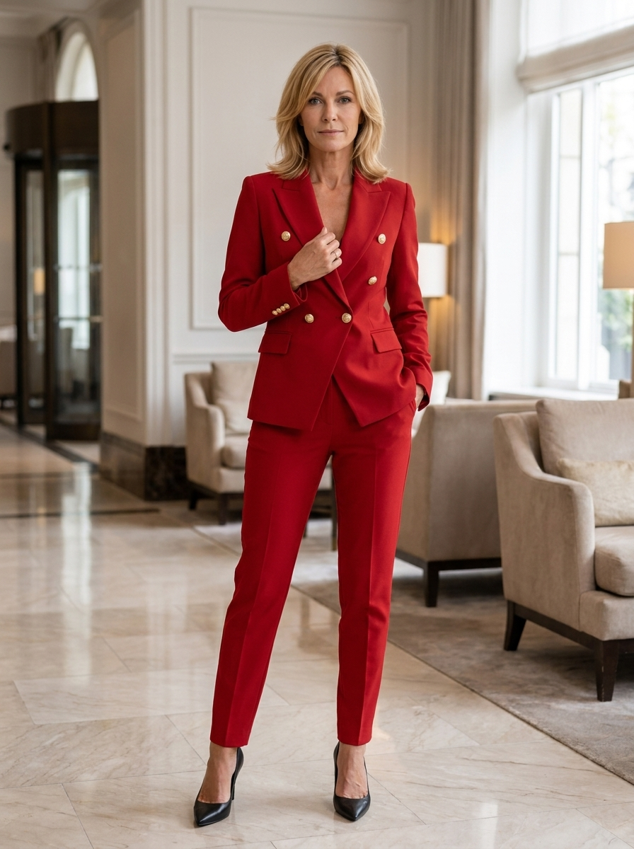 Women's double-breasted blazer set with coordinated straight leg trousers