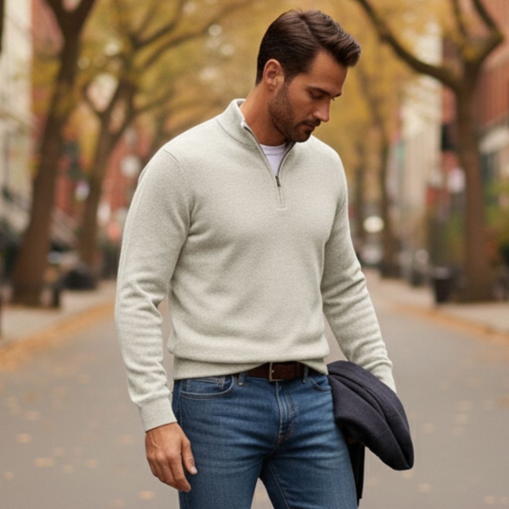 Pull Col V Zippé en Merino Doux Homme