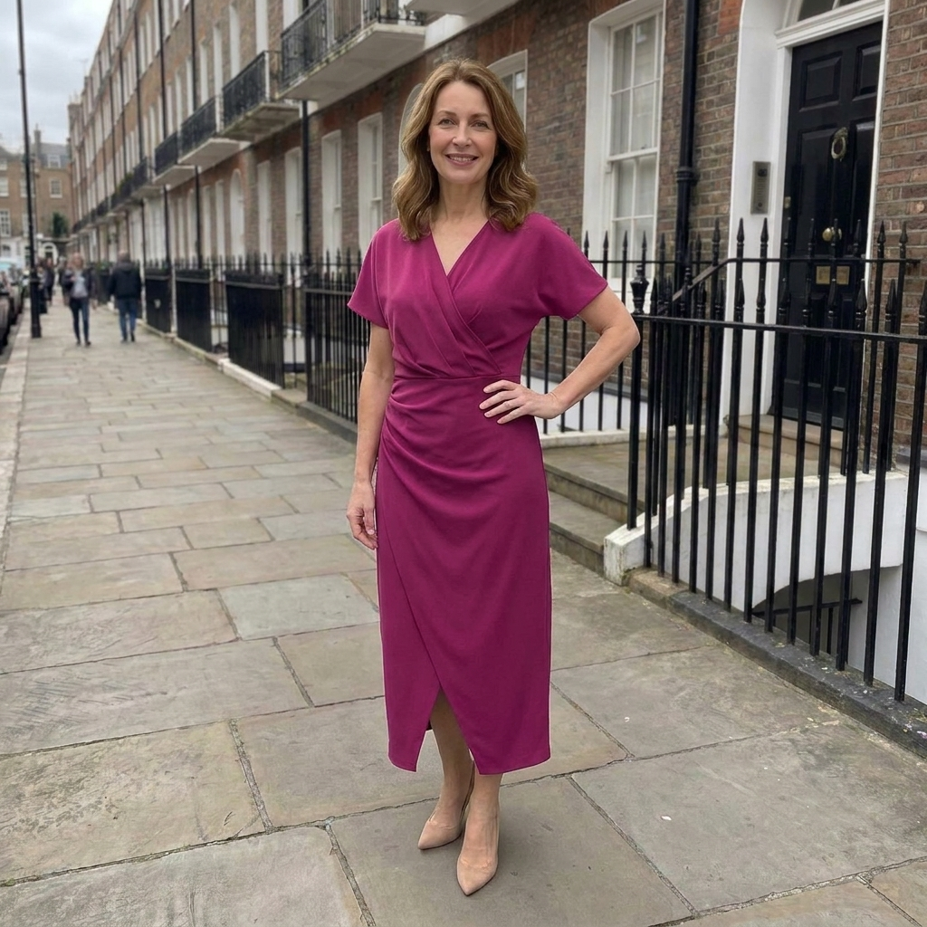 Women's wrap style midi dress with a fitted waist, short sleeves and smooth woven fabric