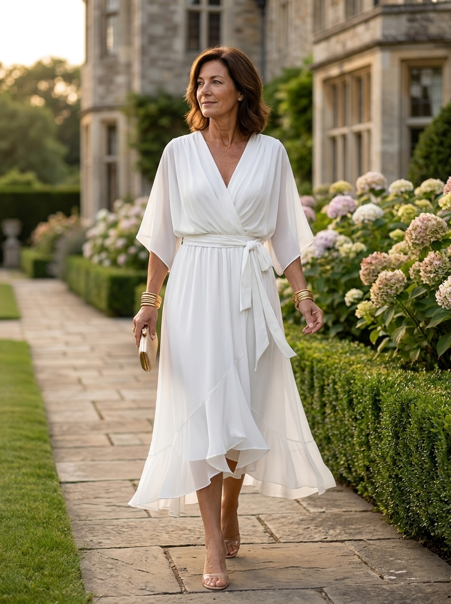 Women's white V-neck chiffon midi dress with long sleeves and sash closure