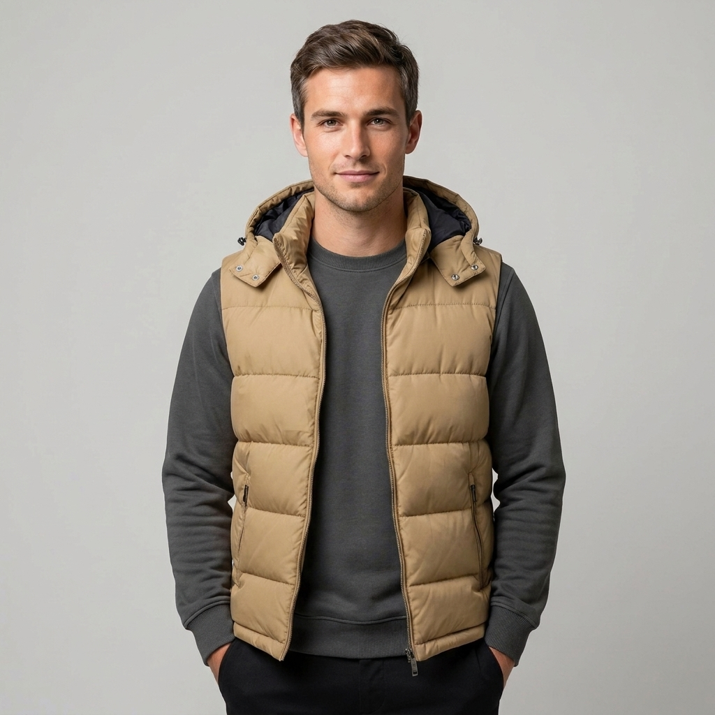 Men's quilted hooded gilet front view