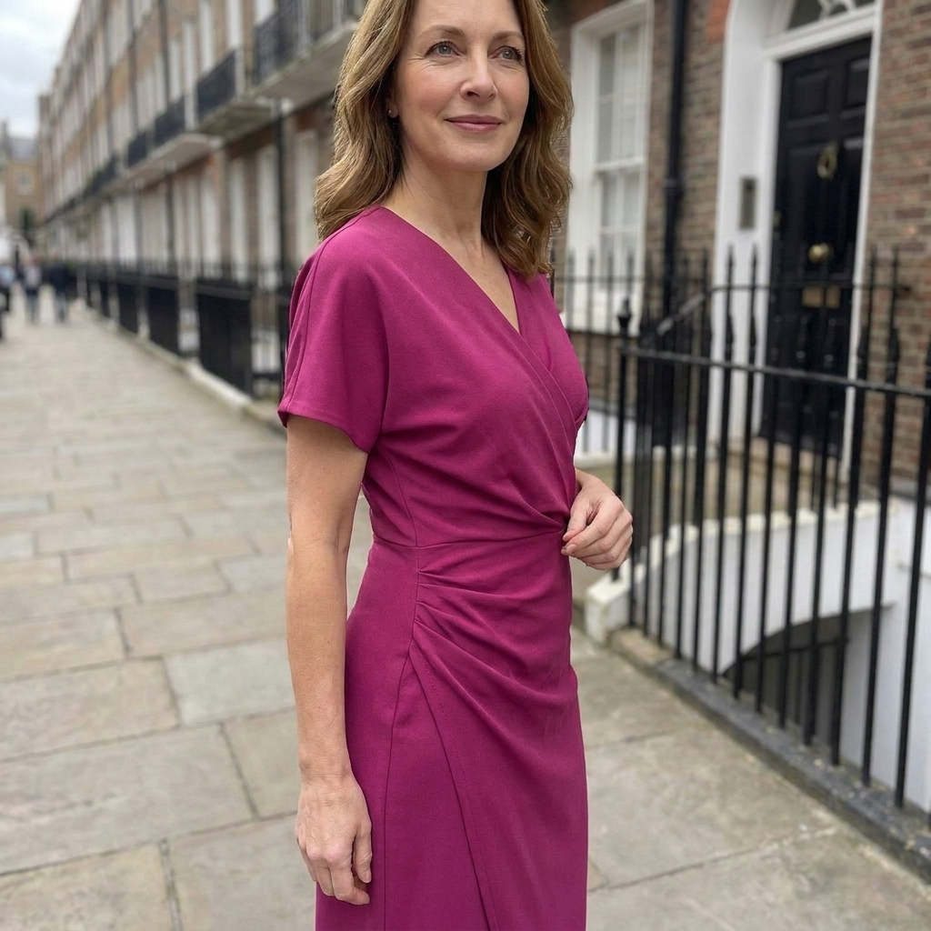 Front view of a wrap midi dress with short sleeves, V neck and flattering fitted silhouette