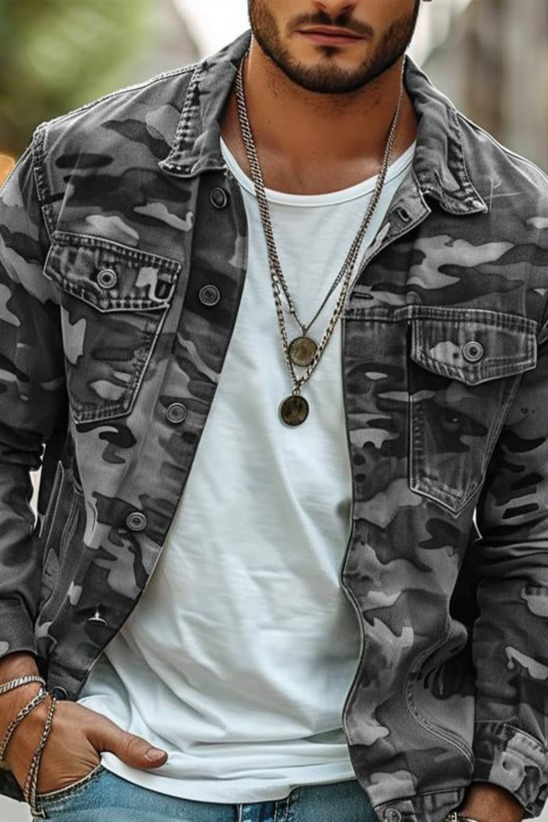 Cotton trucker jacket with turn-down collar and regular fit shown from front