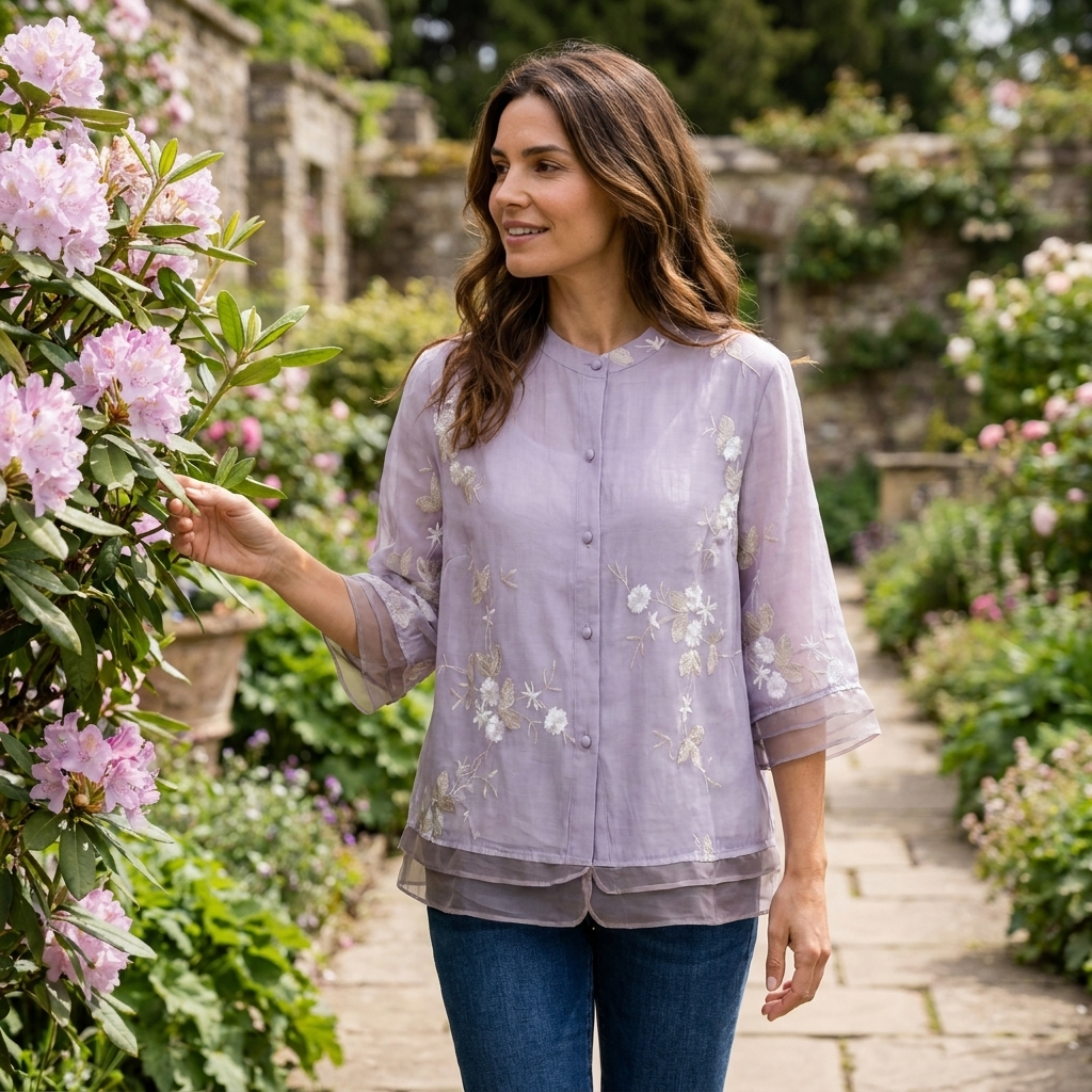 Women's button front blouse showcasing embroidered details
