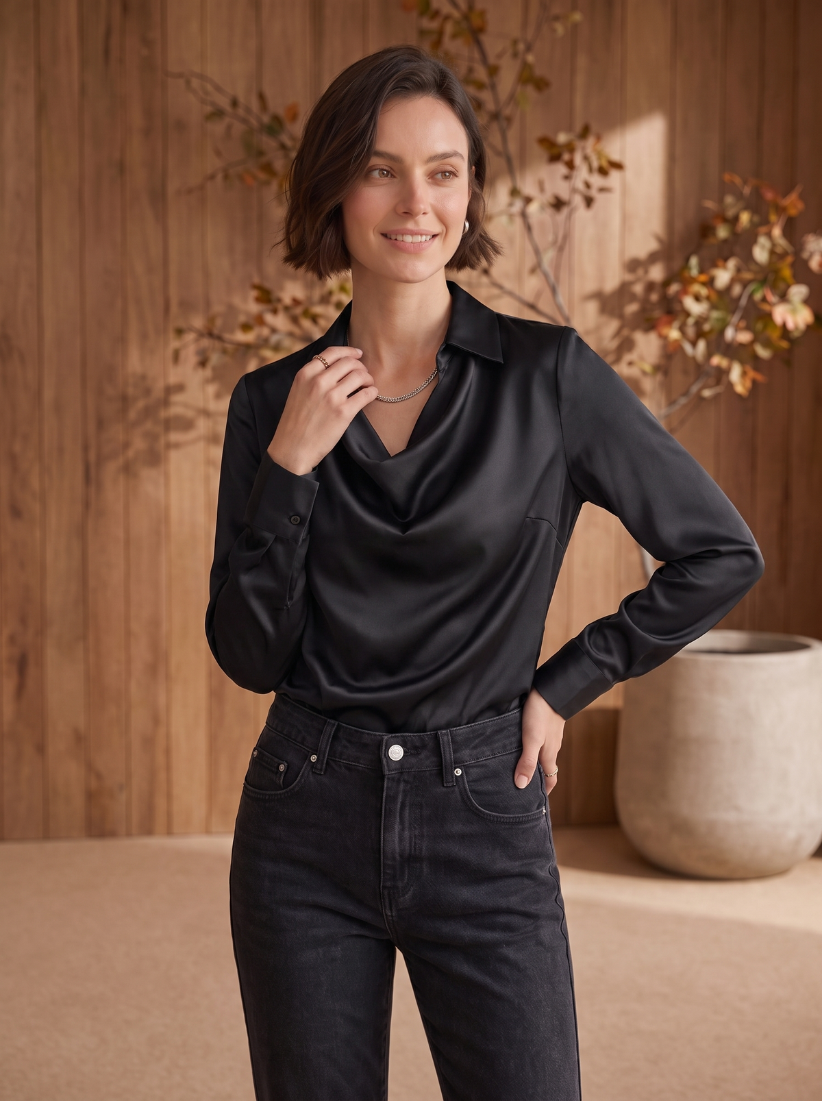 Women's satin drape neck blouse