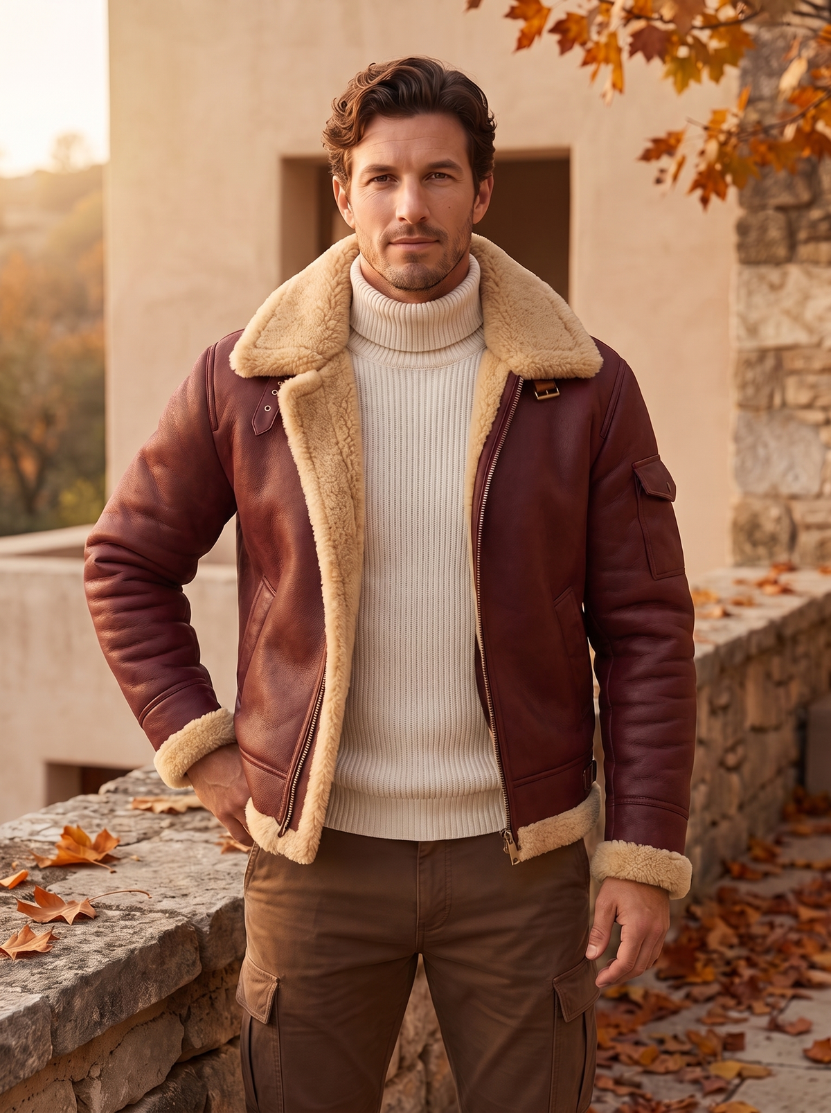 Men's shearling jacket with zip front