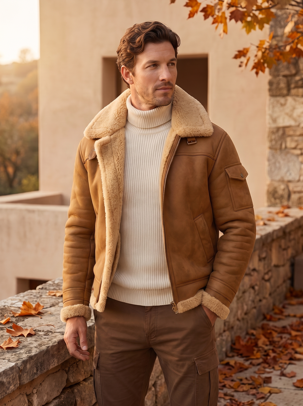 Men's shearling collar jacket for fall