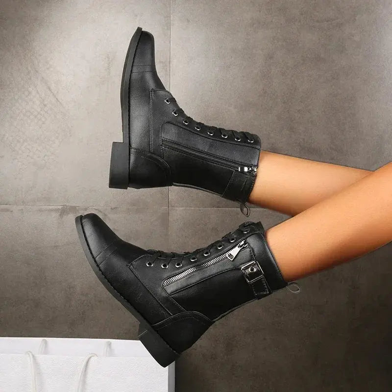 Faux leather lace-up boots with buckle straps for women