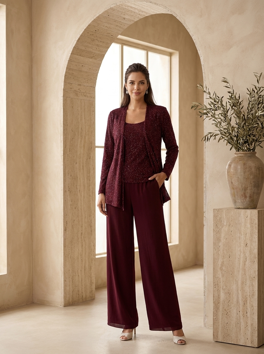 Women's burgundy formal evening set with coordinated top and wide-leg trousers