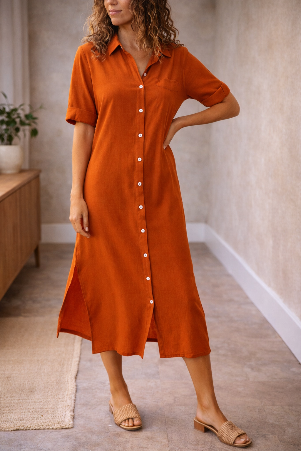 Linen button front midi dress with a matching waist belt