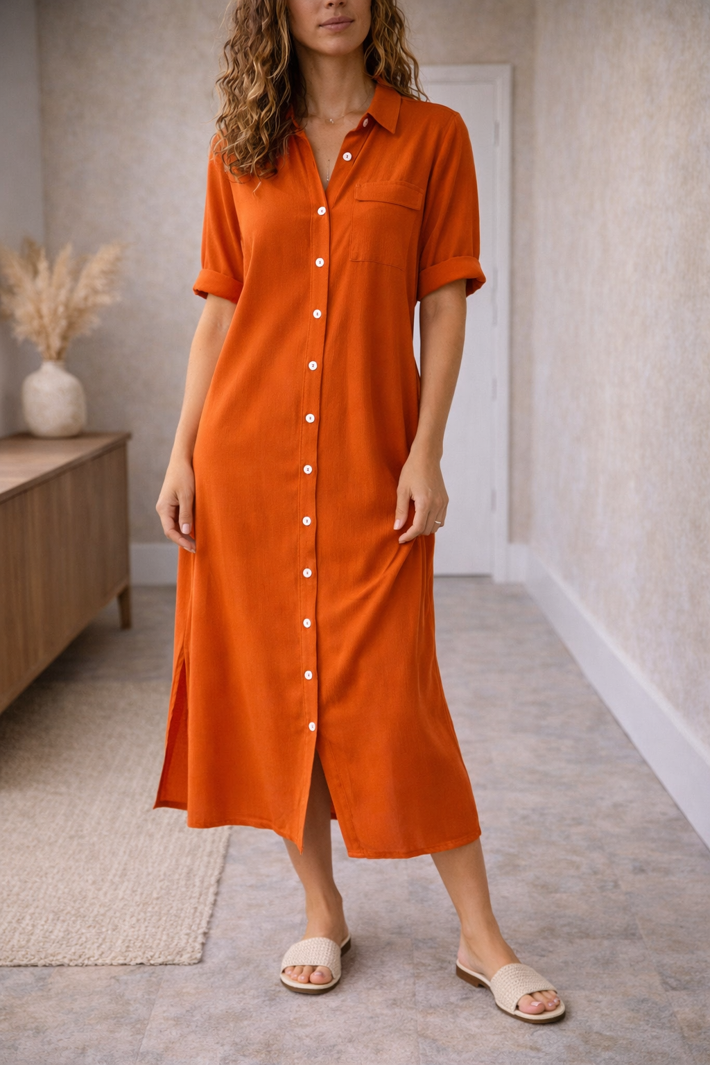 Button front midi dress with a relaxed silhouette