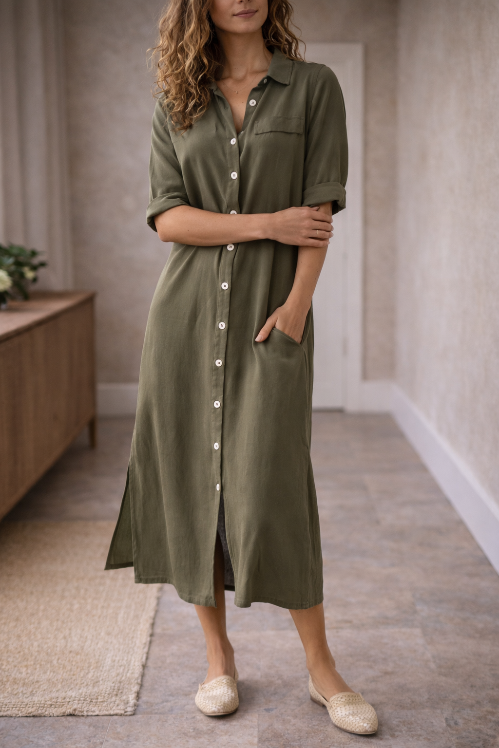 Casual linen midi dress for holidays and travel