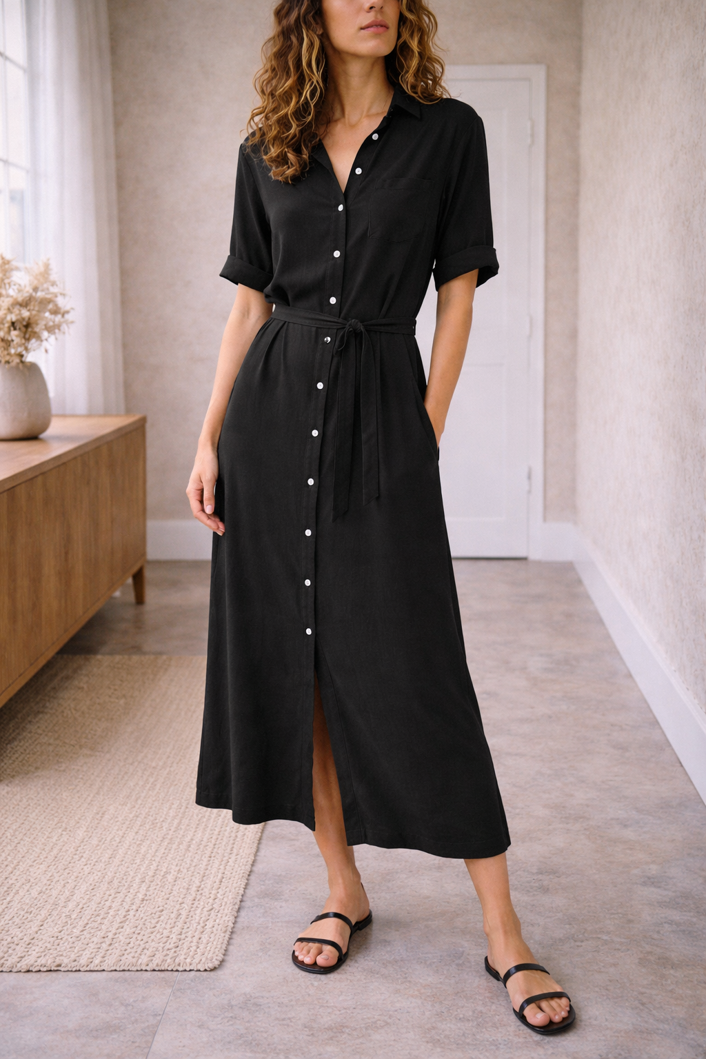 Button front dress with three quarter sleeves