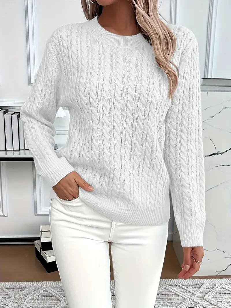 Wool jumper with cable-knit texture and crew neckline for women