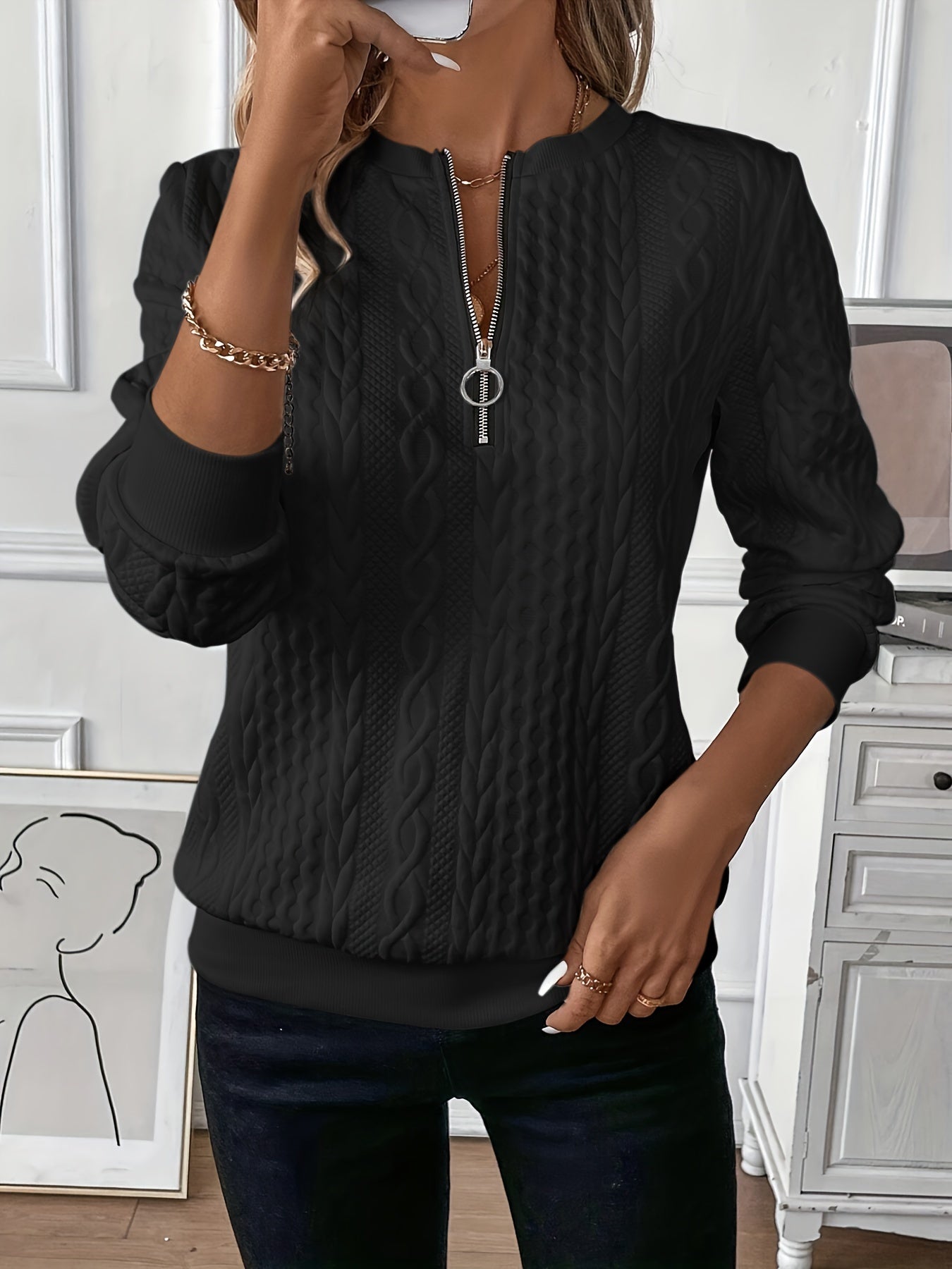Cotton jumper with zip collar and structured knit for women
