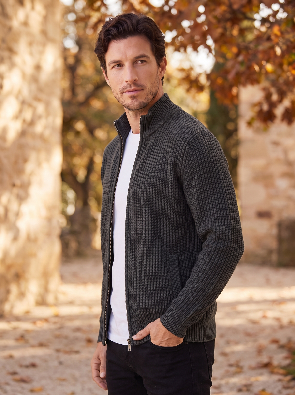Men's zip front knitted cardigan