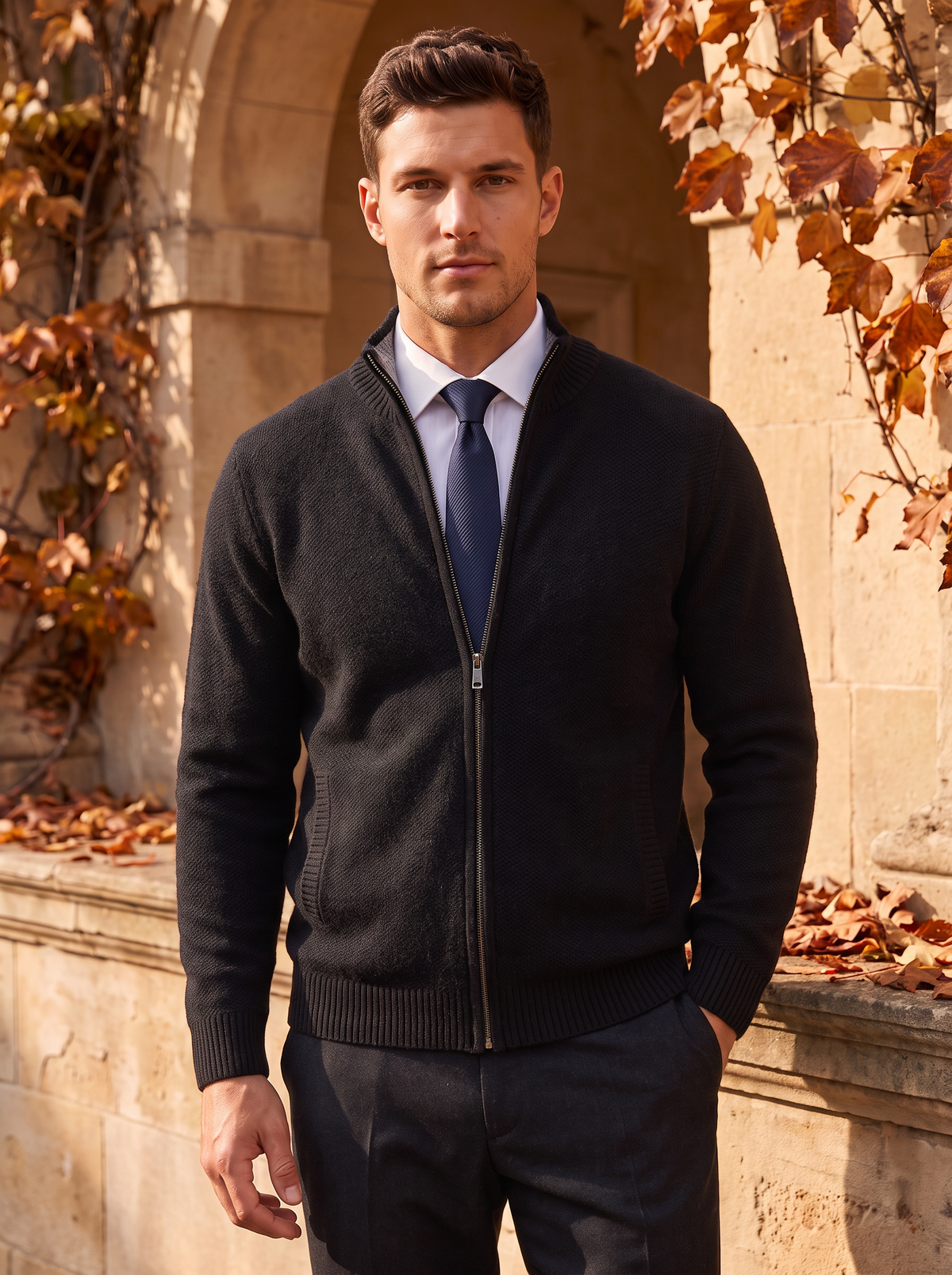 Men's knitted sweater with zip front