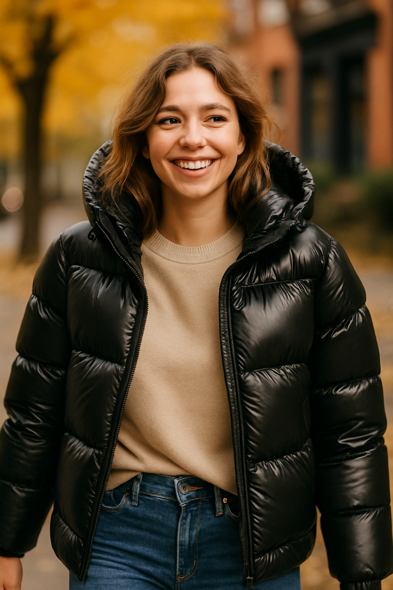 Open black puffer jacket over beige knit sweater stylish women’s autumn and winter outfit.