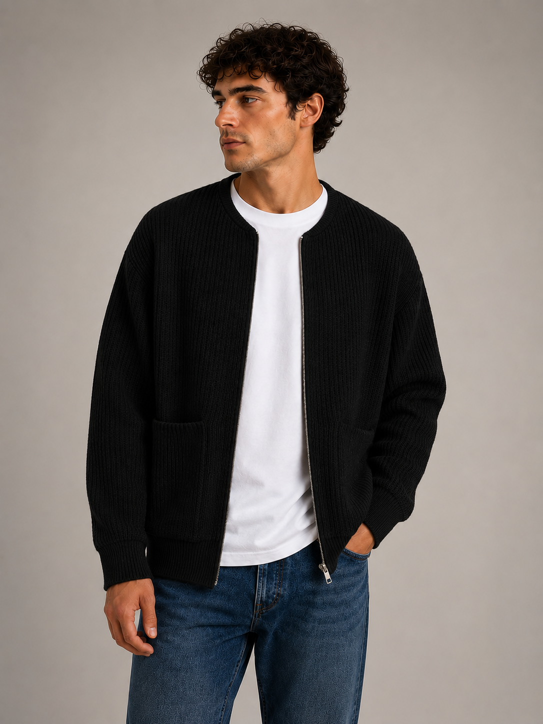 knit jacket with full-length zipper and elasticated hem