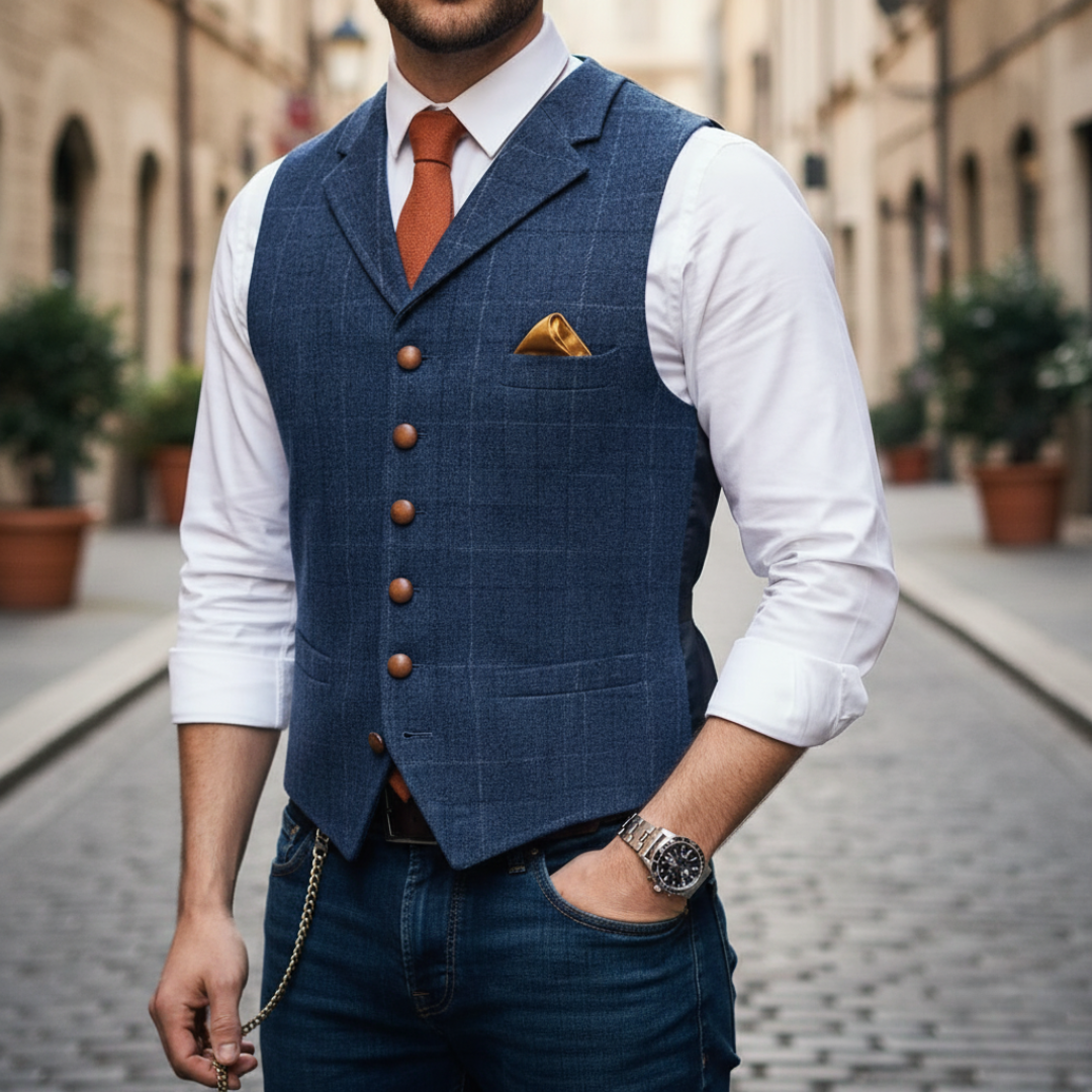 Wool waistcoat with peak lapels and button front for men