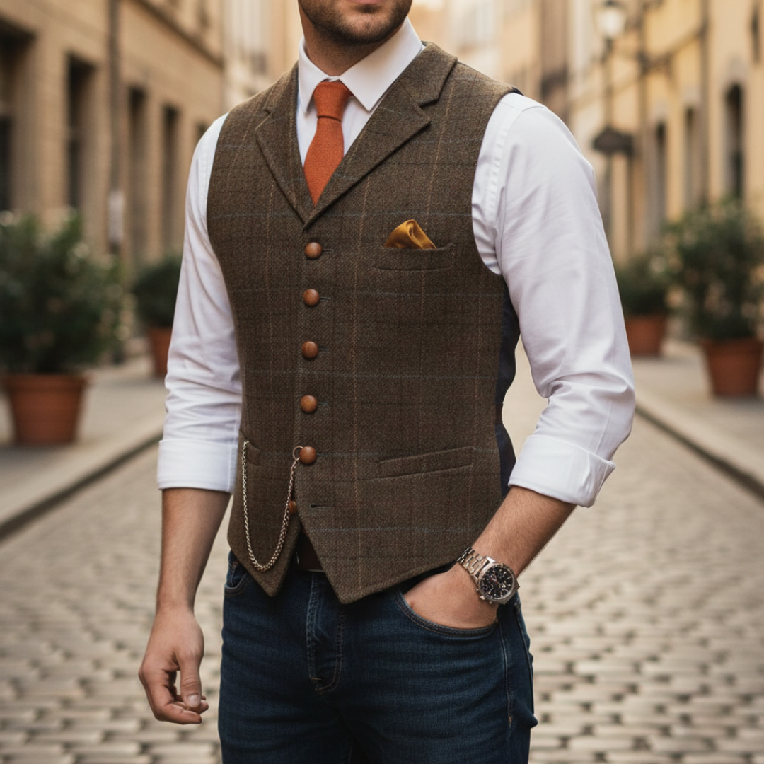 Tailored waistcoat with checked pattern and adjustable back strap