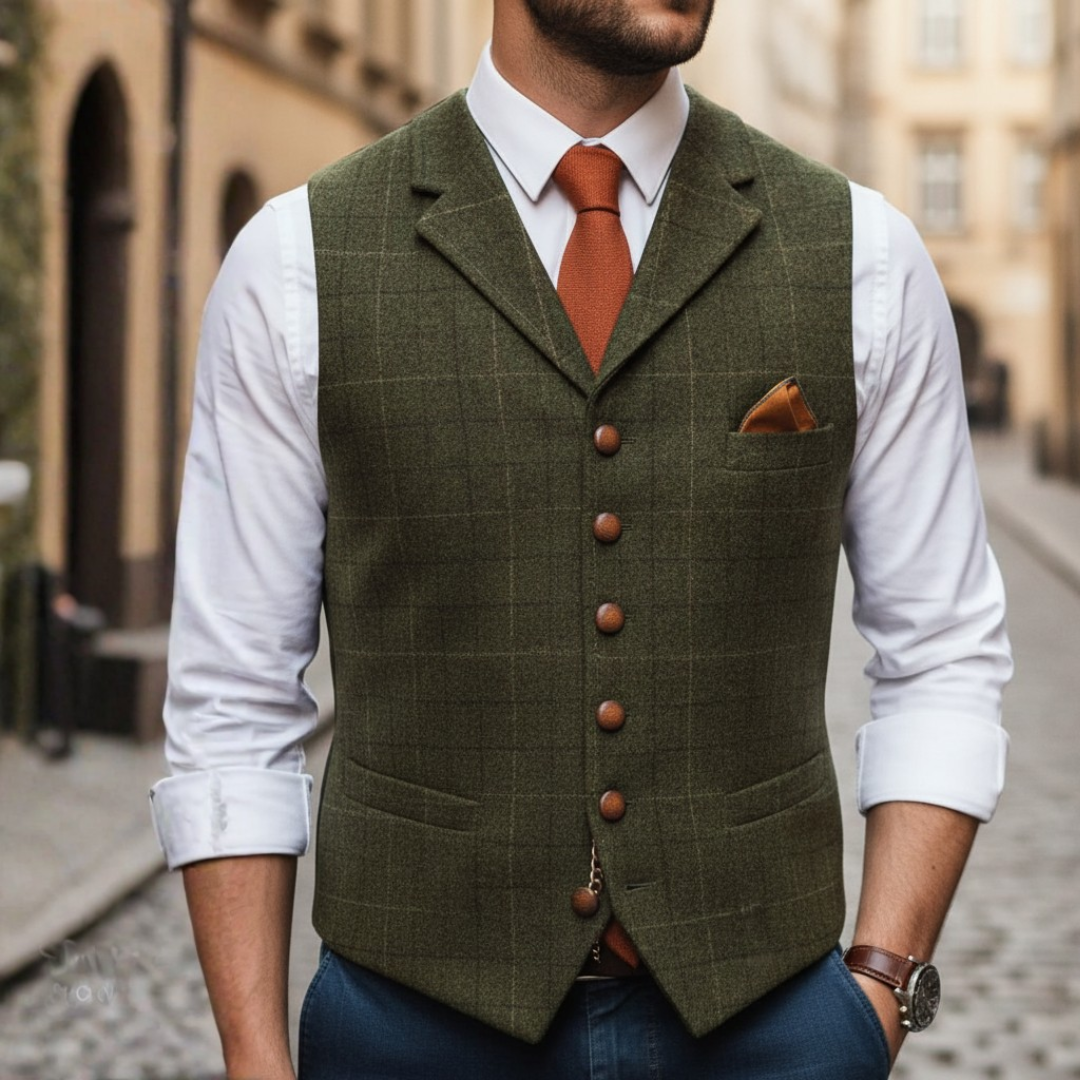 Checked wool waistcoat with peak lapel collar for formal wear