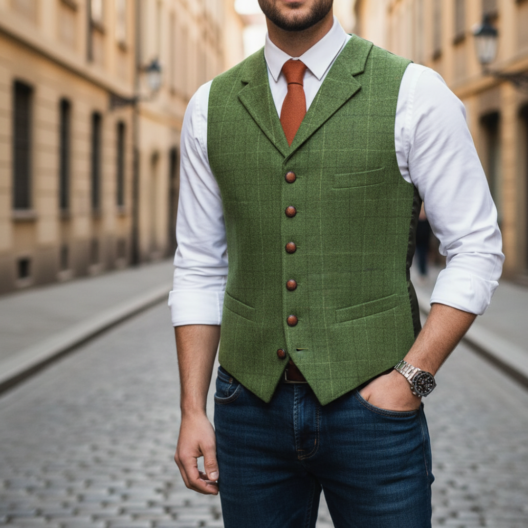 Waistcoat peak lapel detail showing wool fabric texture