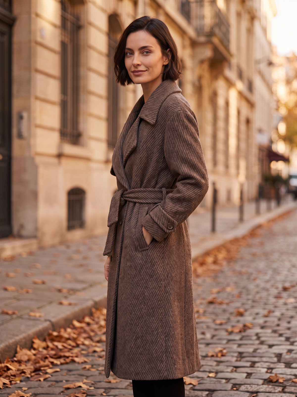 Women's wrap coat with waist belt