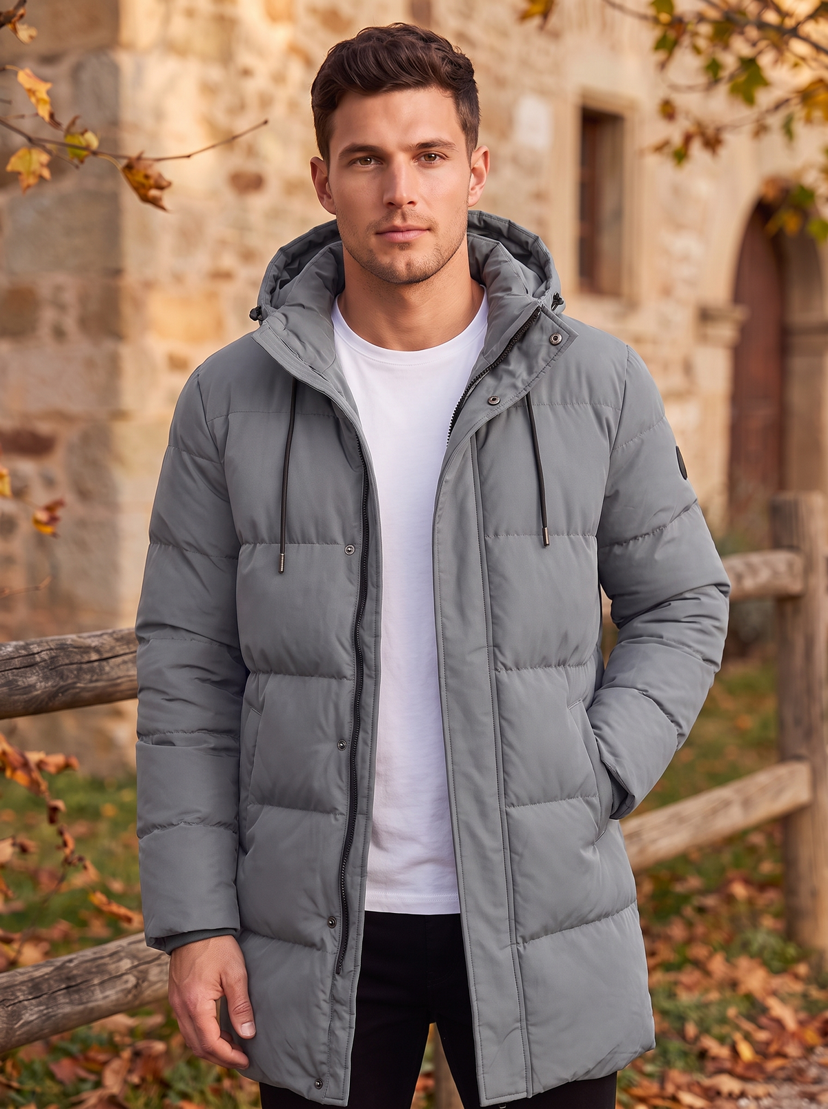 Men's long padded jacket for layering