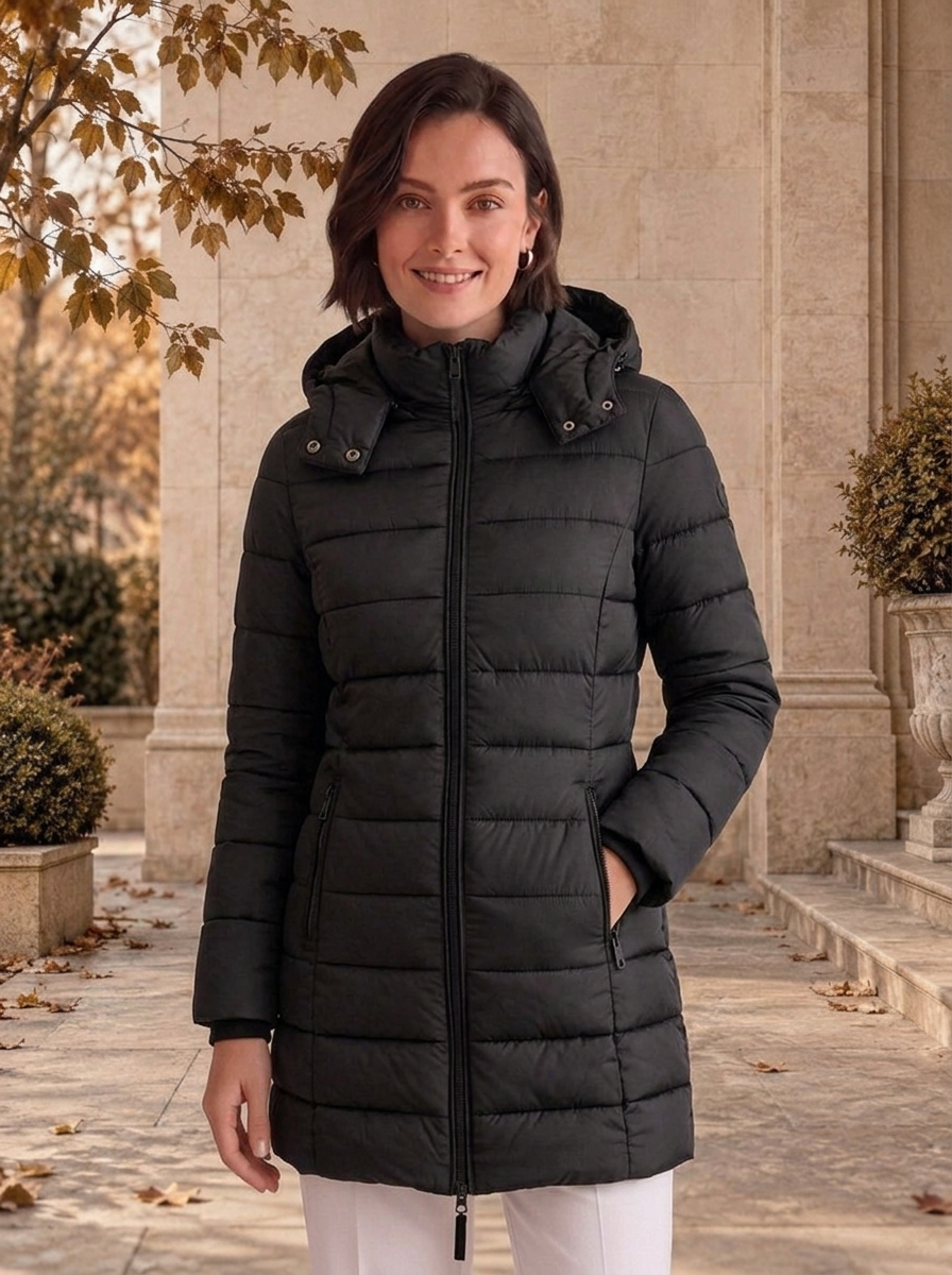 Women's synthetic puffer coat with zip front