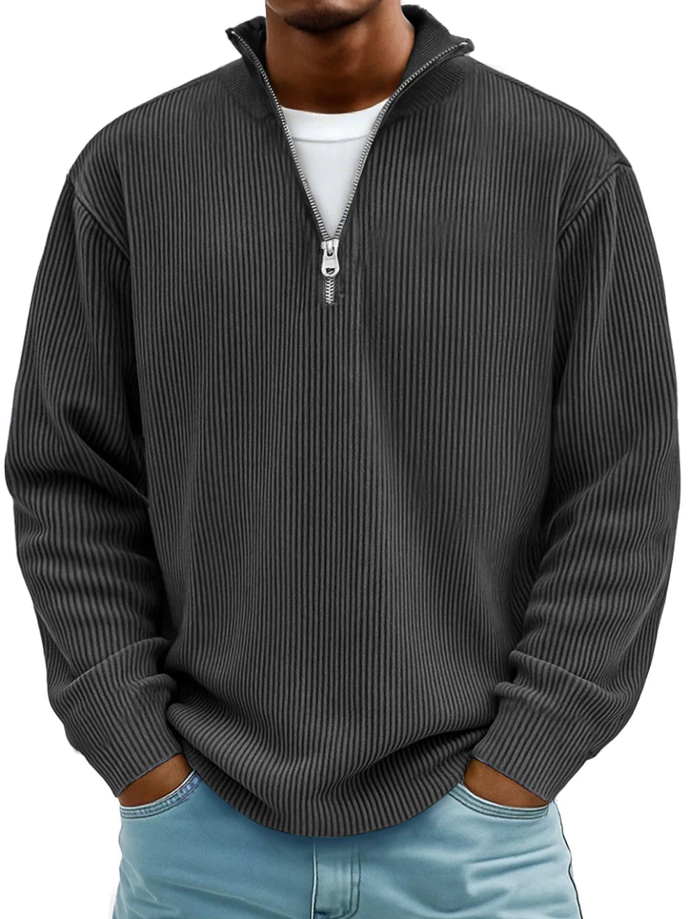 Cotton half-zip sweater showing side seam relaxed fit menswear