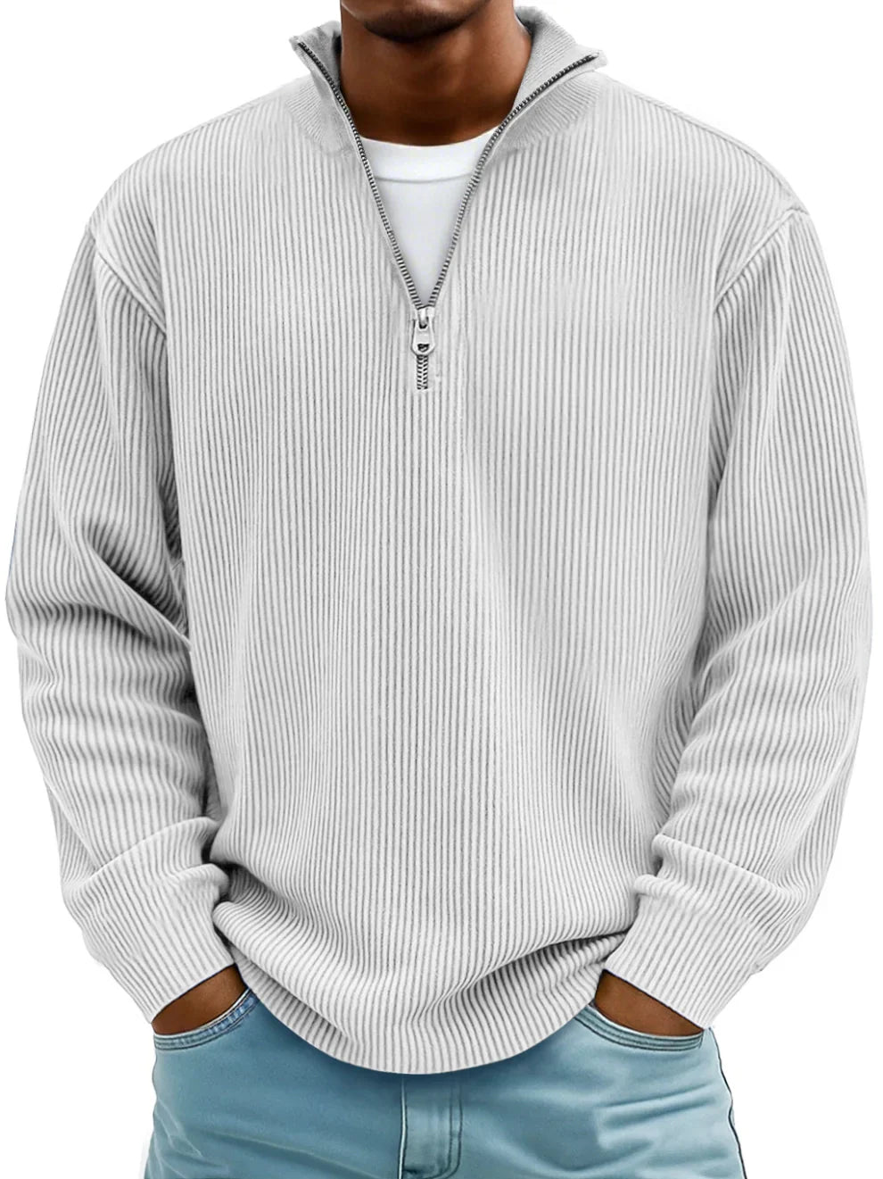Cotton half-zip sweater with ribbed hem relaxed fit menswear