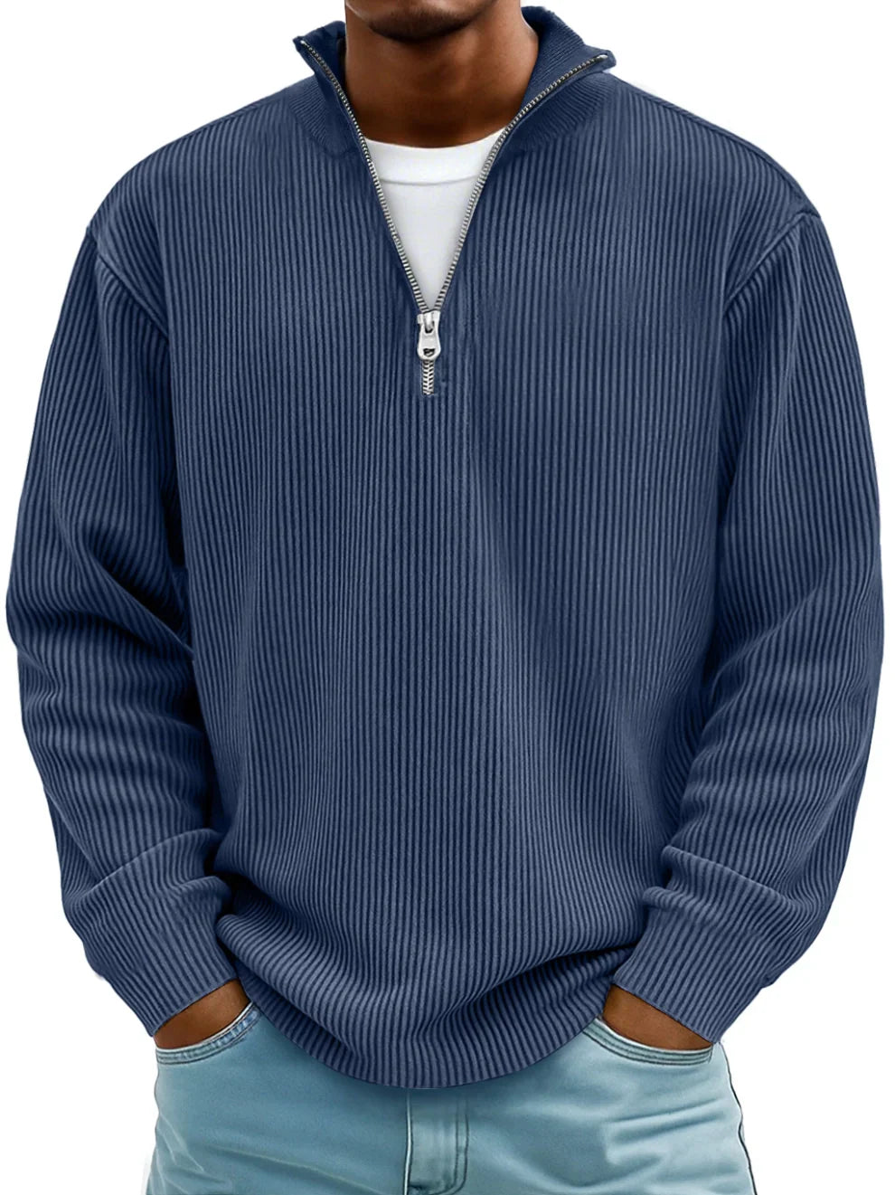Cotton half-zip sweater flat lay front view relaxed fit menswear