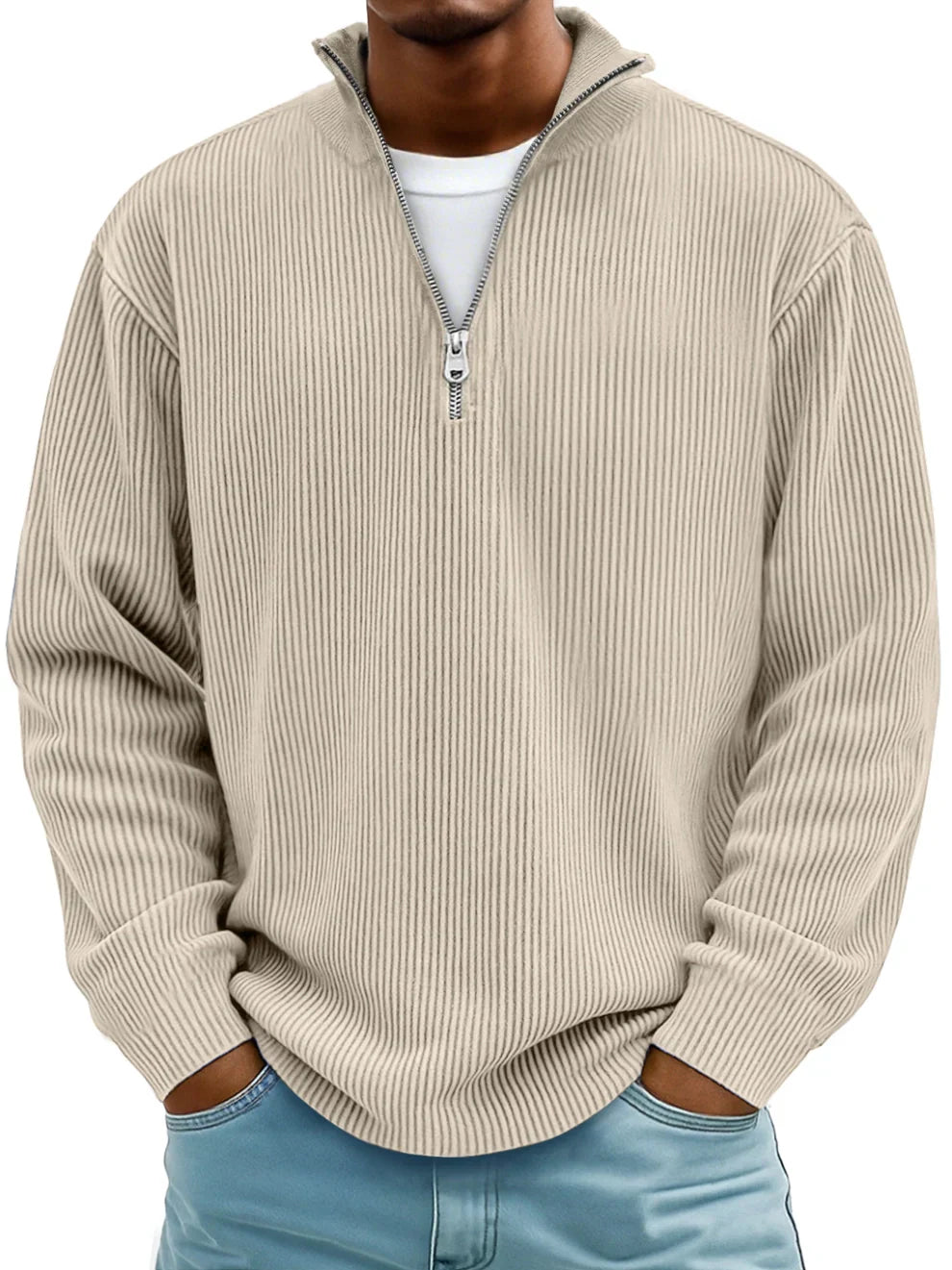 Cotton half-zip sweater flat lay back view relaxed fit menswear