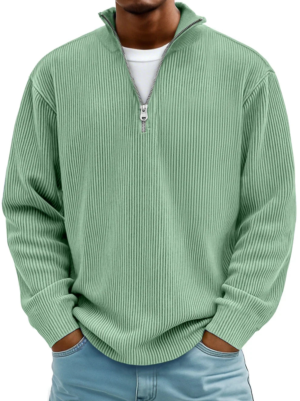 Cotton half-zip sweater detail shot collar relaxed fit menswear