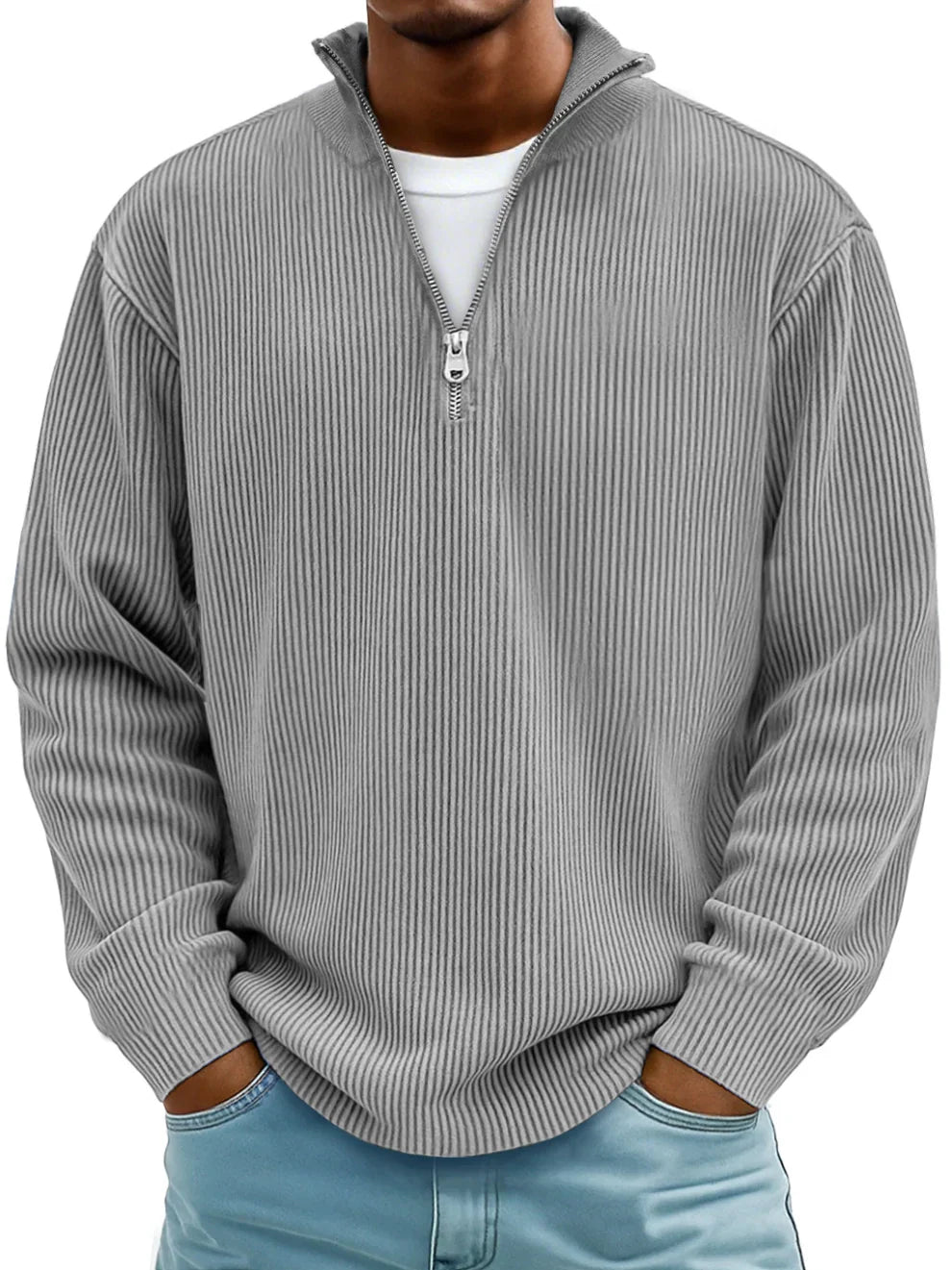 Cotton half-zip sweater detail shot cuff relaxed fit menswear