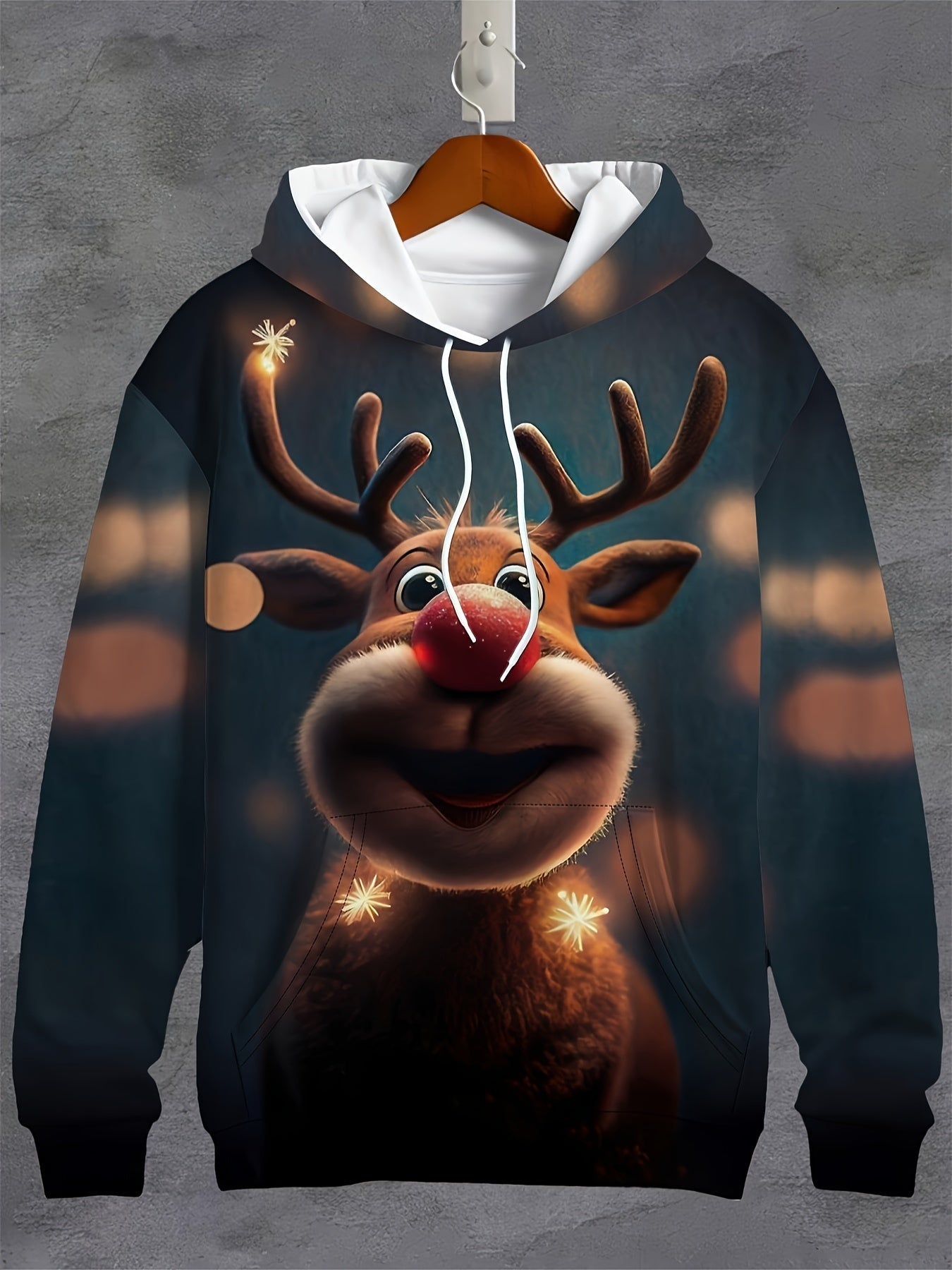 Cotton blend hoodie with graphic reindeer print relaxed fit unisex